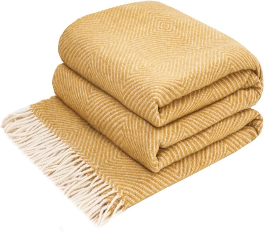 Senza Marchio LYHome Merino Wollen Deken Plaid Wol voor Sofa Bank & Bed Merinowol Blanket Zachte Warme Grote Sprei Merinowollen Plaids Schapenwollen (140 x 200 cm Mosterdgeel met Wit Ruitpatroon)