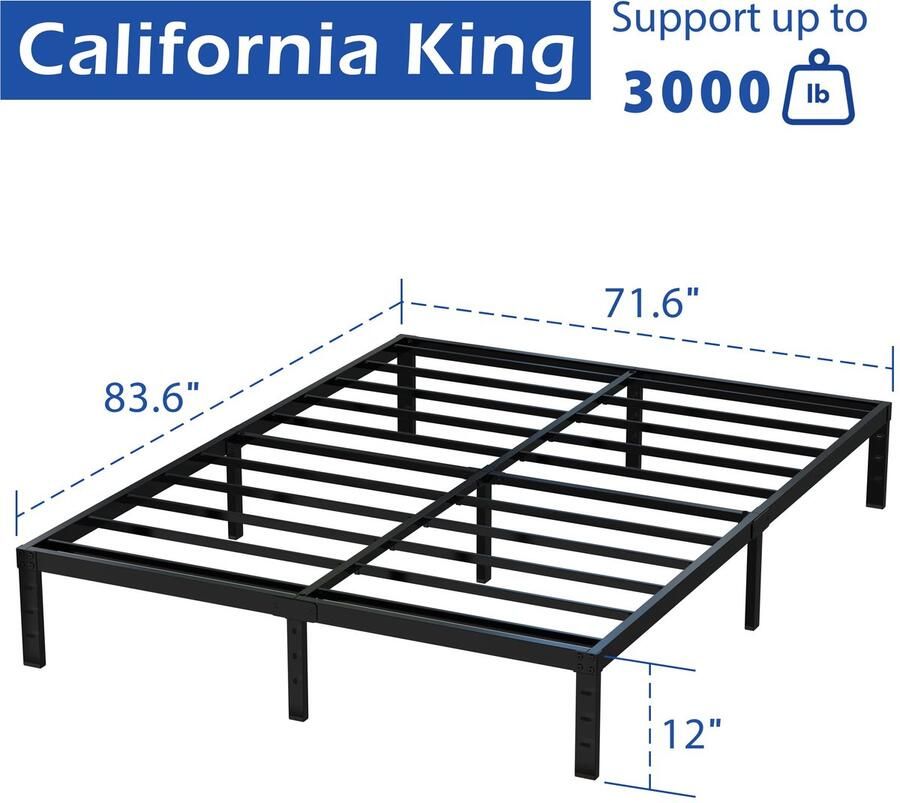 Senza Marchio Maenizi 12 Inch Cal Kingsize Bed Frame Geen BoxSpring Nodig Heavy Duty California King Metalen Platform Ondersteuning Tot 3000 Lb met Stalen Lat Eenvoudige Montage Geluidsvrij Zwart