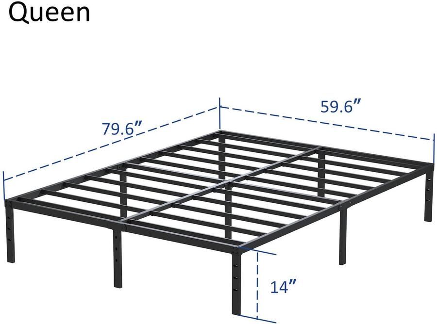 Senza Marchio Maenizi Bedframe Queen Size Geen boxspring nodig 14 Inch Heavy Duty Queen Platform Metalen Bedframe Ondersteuning tot 3000 lbs Eenvoudige montage Geluidsvrij Zwart