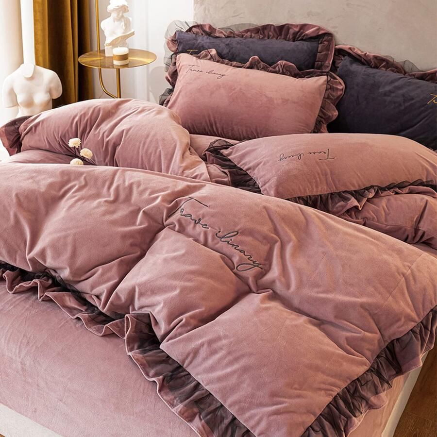 Senza Marchio MAHPKYZ Eenpersoons Dekbedovertrek Set Meisjes Winter Europese Baby Fluwelen Beddengoed Set Zacht en Comfortabel Dik Warm Gemakkelijk Te Onderhouden Sheet King Size Dekbedovertrek Met Kussensloop O 2.0m Bed (4 stuks)