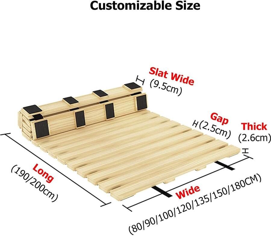 Senza Marchio Massief Houten Bed Latten Ondersteuning Board voor Matras Vervanging Opvouwbare Grenen Houten Bunkie Board met Nylon Koord Duurzame Rollat voor Slaapkamer Meubels 90x200cm Grootte