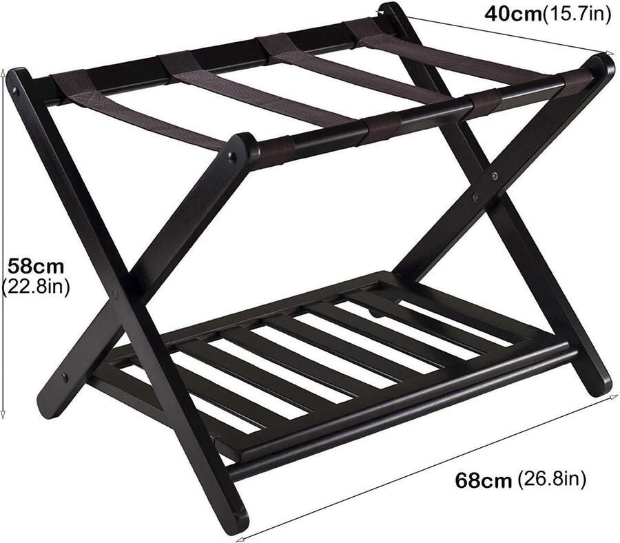 Senza Marchio Massief Houten Hotel Bagagerek Opvouwbare Koffer Stand voor Slaapkamer Multifunctionele Reistas Opbergrek 68X40X58CM Zwart
