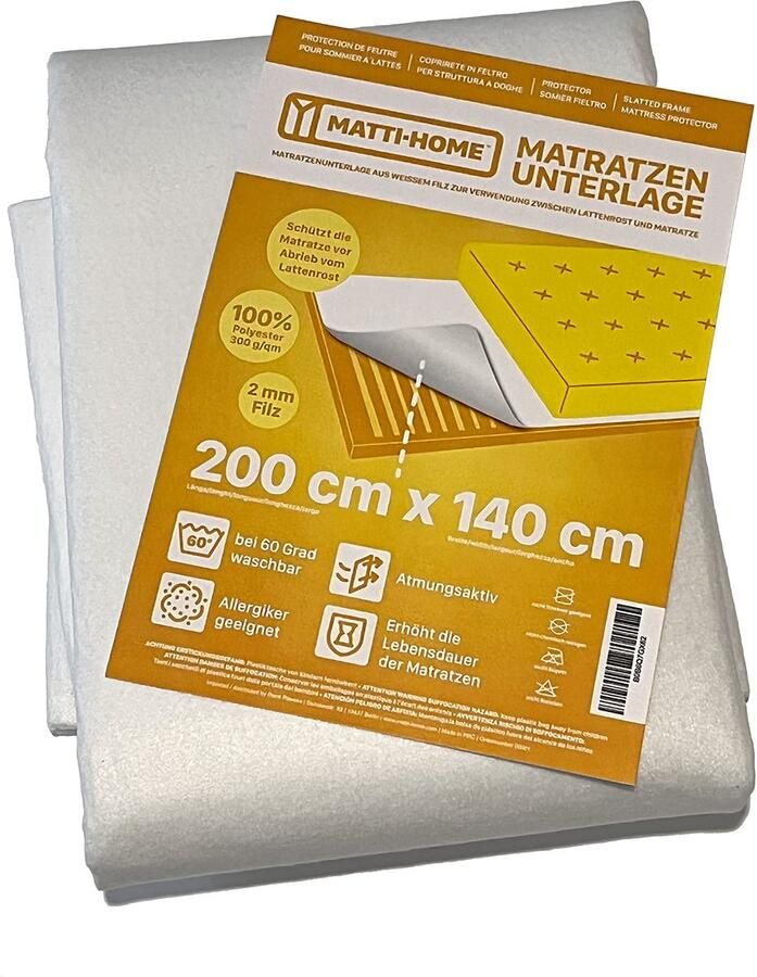 Senza Marchio Matti-Home Matrasonderlegger van vilt voor de lattenbodem 140 x 200 cm ademende matrasbeschermer van naaldvilt 100% polyester wit