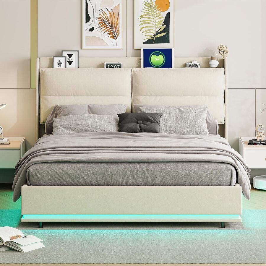 Senza Marchio MCDSAJ 140 x 200 cm gestoffeerd platformbed liftend opbergbedframe met comfortabele vleugelrug en oplaadstation full queen size bedframe met led massief houten latten ondersteuning