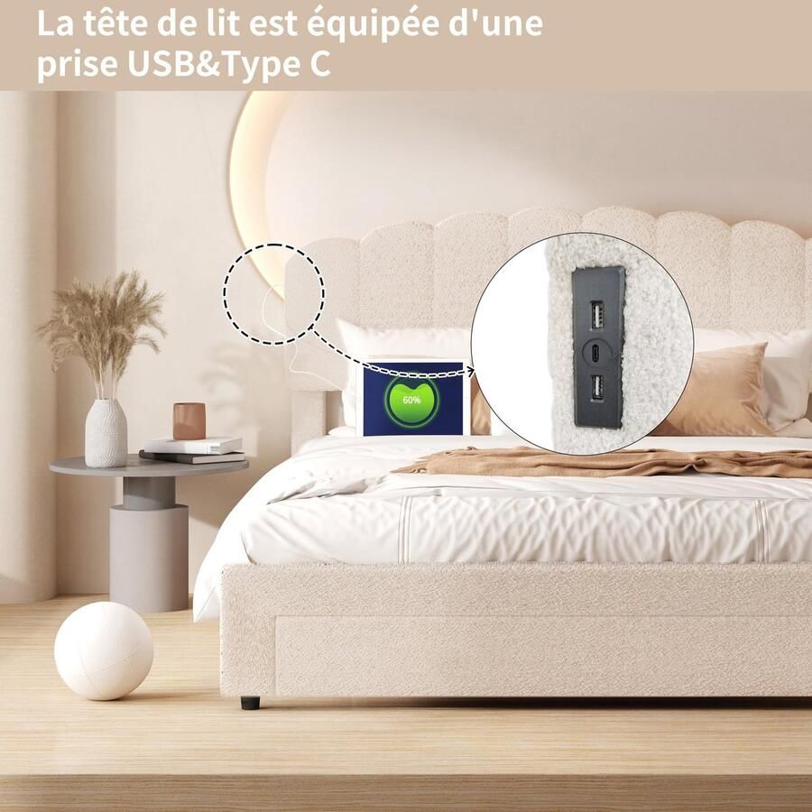 Senza Marchio MCDSAJ Volledig queensize gestoffeerd bedframe in hoogte verstelbaar comfort vleugelback-hoofdeinde beige tweepersoonsbedframe met lade opslag en laadstation ondersteuning van massief houten latten