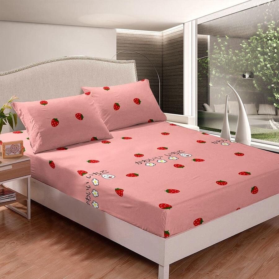 Senza Marchio Meisjes Aardbei Sheet Set Kids Kawaii Beddengoed Set Voor Baby Meisje Tieners Roze Tropische Fruit Bed Lakens Vrouwen Zoete Aardbei Bed Sheet Set Dochter Bed Set Single Size