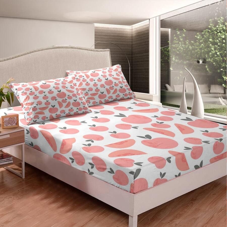 Senza Marchio Meisjes Bed Set Kids Baby Leuke Perzik Bed Lakens Kawaii Verse Roze Peuter Sheet Set Mooie Aquarel Cartoon Fruit Lakens Kamer 3 Stks Single Size