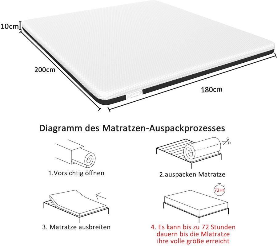 Senza Marchio Memory Matratzen matras 180 x 200 gel geheugenschuim stille matras middelstevig koudschuim met ademende hoes geurloos Verlichting Van Rugpijn Koudschuimmatras (10CM 180X200CM)