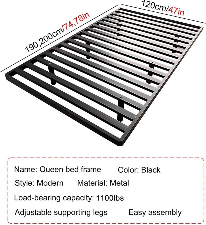 Senza Marchio Metalen Queensize Bedframe Modern Bedframe Met Opbergruimte Queensize Bedframes Met Verstelbare Poten Eenvoudige Montage(Color:Black 2 Size:47x74in)
