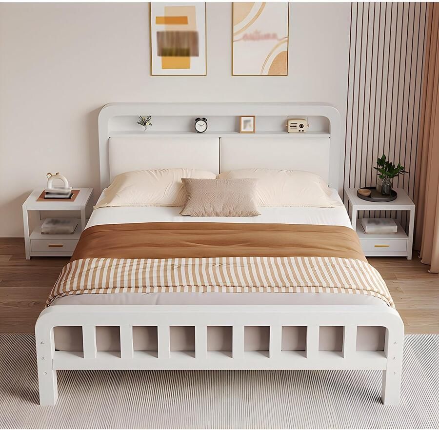 Senza Marchio Metalen Queensize Bedframe Modern Bedframe Met Twee Eenpersoonsbedden Met Opbergruimte Onder Het Bed Queensize Bedframes Voor Slaapkamerappartementen Hotel(Color:White1 Size:39x74in)