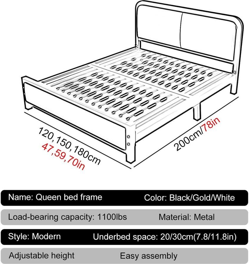 Senza Marchio Metalen Queensize Bedframe Modern Platformbedframe Queen Size Bedframe Met Opbergruimte Voor Slaapkamerappartementen Hotel(Color:Gold 1 Size:47x78in)
