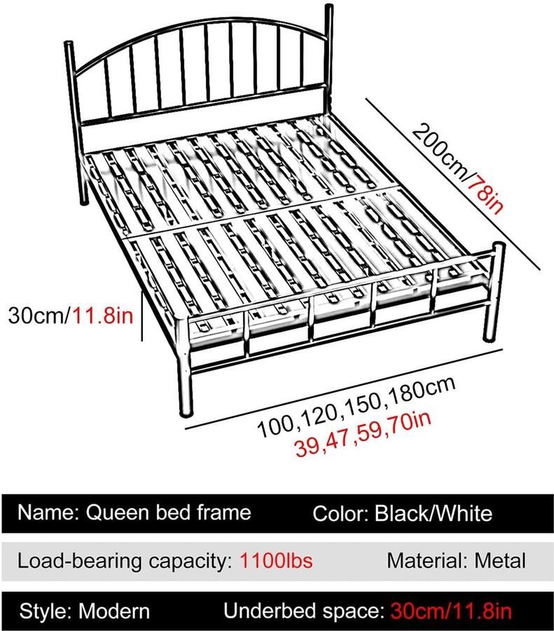 Senza Marchio Metalen Queensize Bedframe Modern Tweepersoons Bedframe Met Steunpoten Queensize Bedframes Met Opbergruimte Onder Het Bed(Color:Black Size:39x78in)