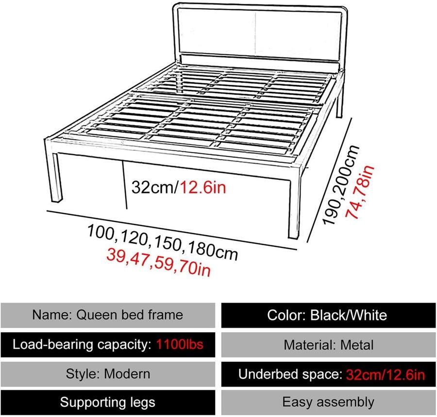 Senza Marchio Metalen Queensize Bedframe Op Volledige Grootte Met Opbergruimte Moderne Queensize Bedframes Met Antislip Steunpoten(Color:White Size:70x74in)