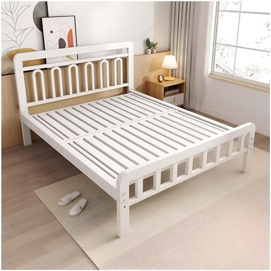 Senza Marchio Metalen Queensize Bedframe Tweepersoons Bedframe Met Hoofdeinde Queensize Bedframes Met Opbergruimte Eenvoudige Montage(Color:White Size:59x78in)