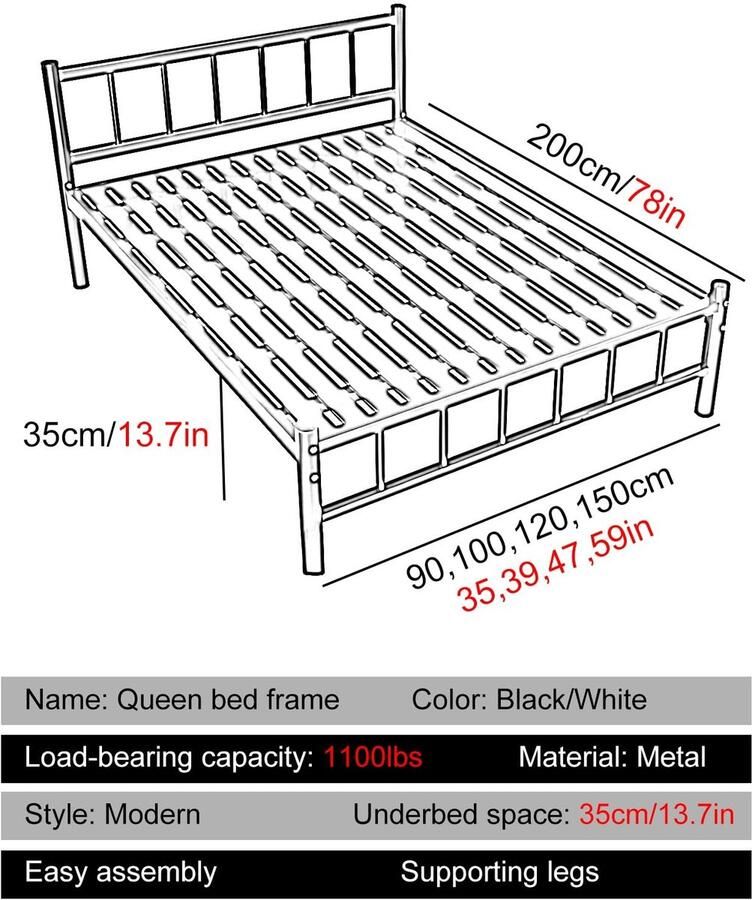 Senza Marchio Metalen Queensize Bedframe Tweepersoons Bedframe Met Stille Antislipvoetkussens Moderne Queensize Bedframes Voor Slaapkamerappartementen(Color:White Size:35x78in)
