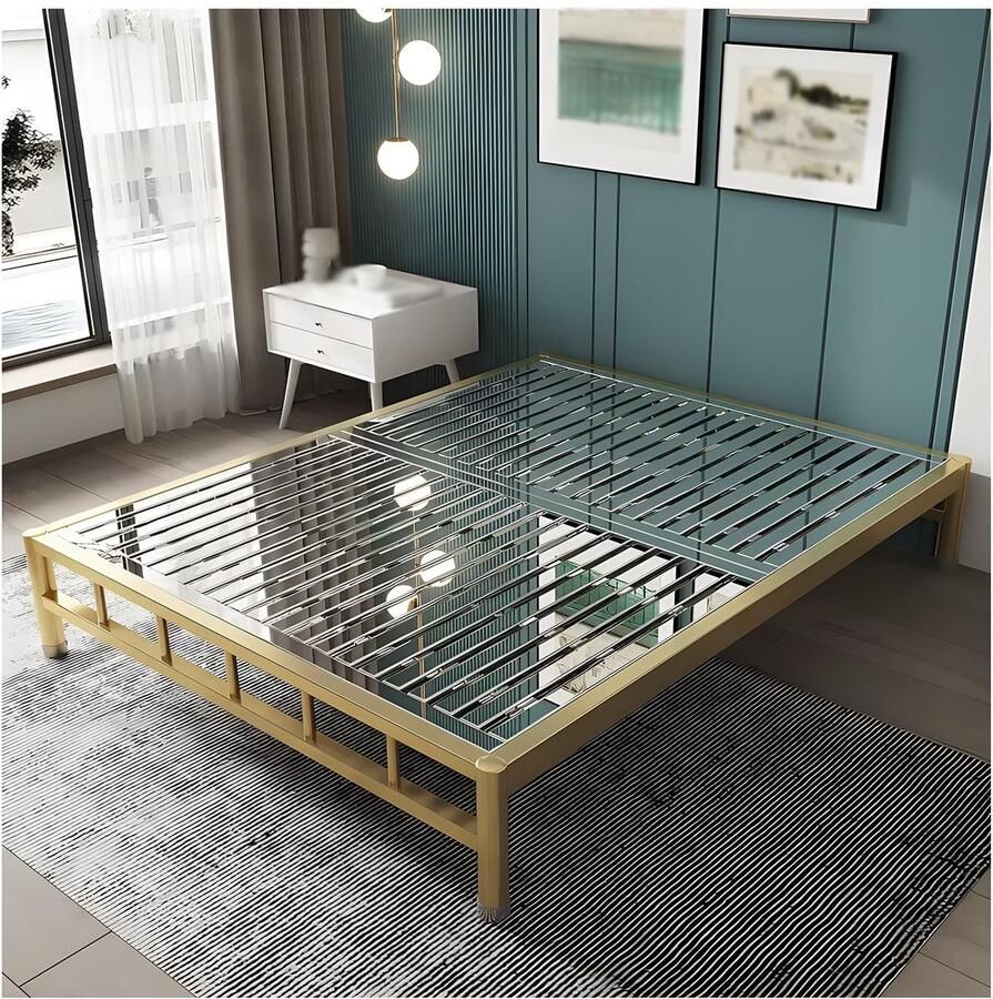 Senza Marchio Metalen Queensize Bedframe Voor Twee Personen Met Opbergruimte Queensize Bedframes Met Antislip Steunpoten Geluidsvrij(Color:Gold Size:59x78in)