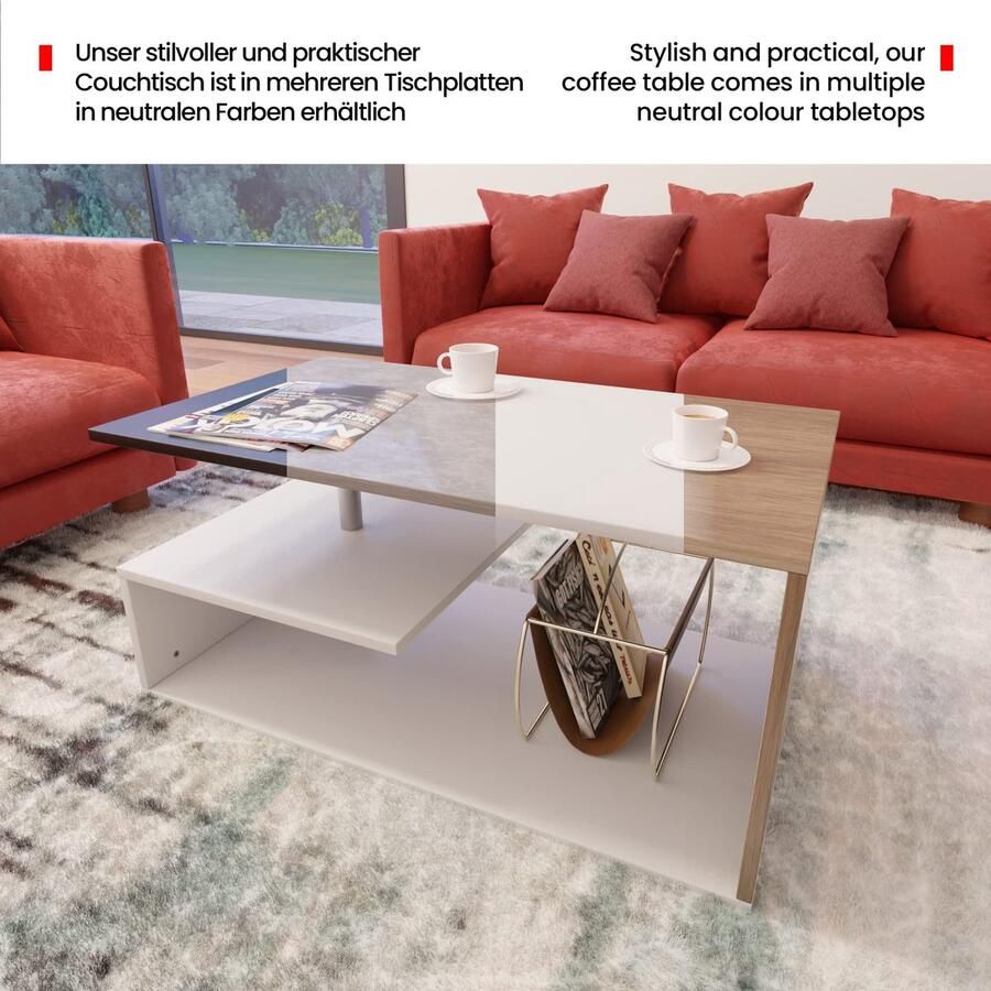 Senza Marchio MIADOMODO Coffee Table Multi-Level 90 x 50 x 41 cm spaanplaat aluminium stang wit eiken bijzettafel hoektafel theetafel voor in de woonkamer opbergtafel met plank modern