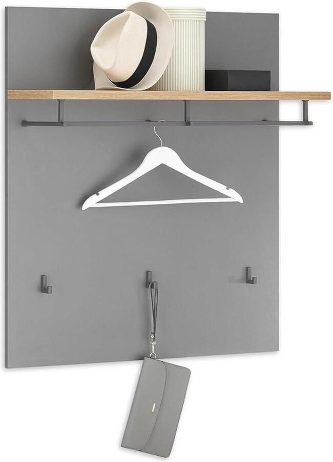 Senza Marchio Milan Garderobepaneel grijs artisan eiken look moderne hoedenplank wandhaken 85 x 95 x 27 cm houtmateriaal jassen tassen kapstok hangend met plank