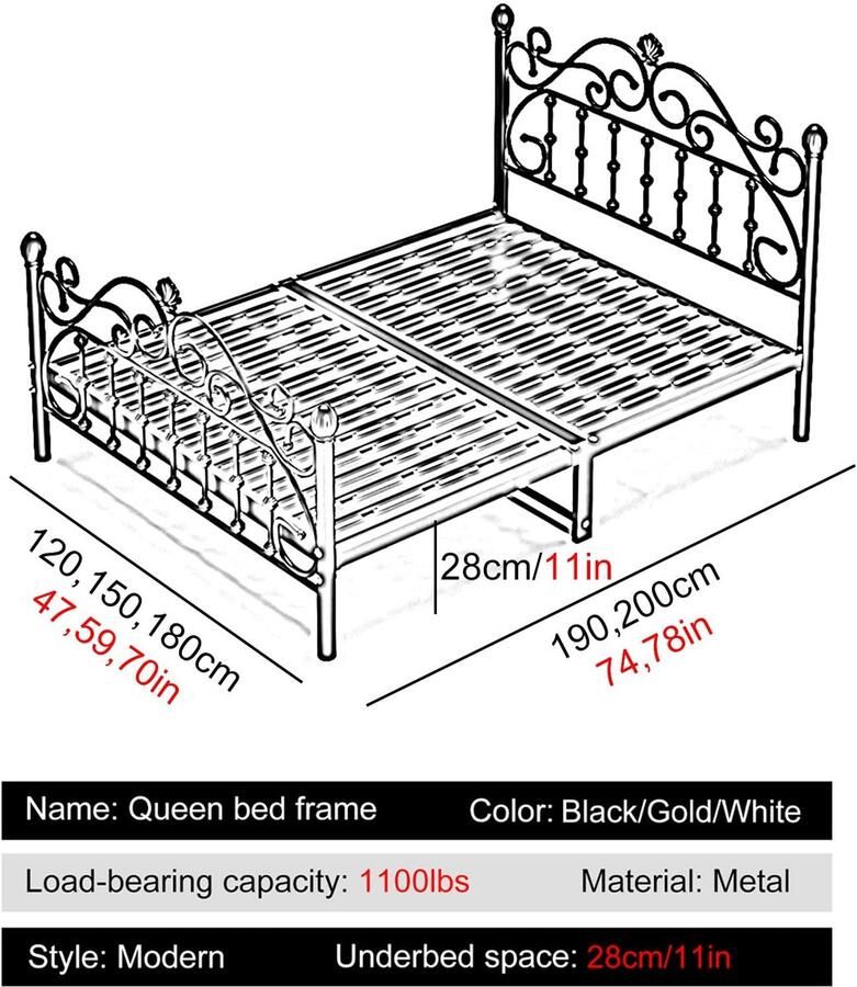 Senza Marchio Modern Queensize Bedframe Metalen Bedframe Twin Met Opbergruimte Onder Het Bed Antislip Queensize Bedframes Eenvoudige Montage(Color:Black Size:70x78in)