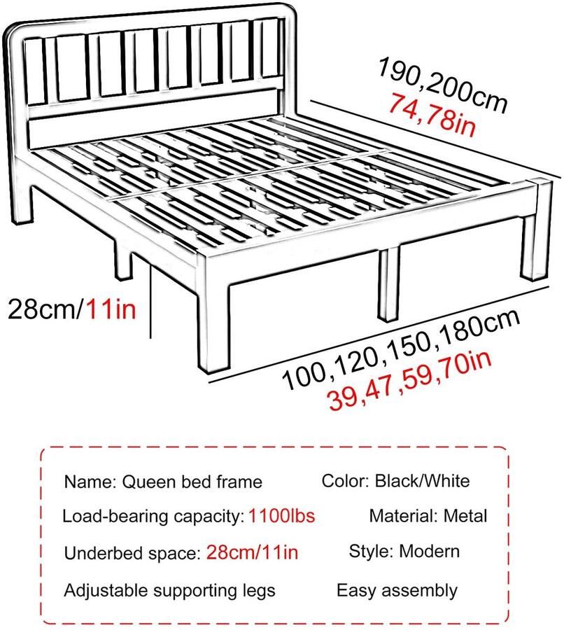 Senza Marchio Modern Queensize Bedframe Tweepersoons Bedframe Met Opbergruimte Metalen Queensize Bedframes Met Hoofdeinde Eenvoudige Montage(Color:White Size:59x74in)