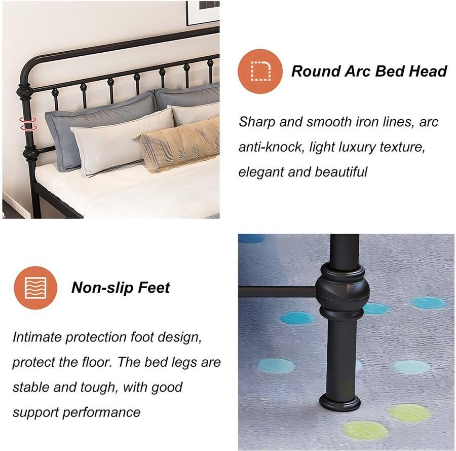 Senza Marchio Modern Queensize Bedframe Van Metaal Kingsize Bedframe Met Steunpoten Platformbedframe Queensize Eenvoudige Montage(Size:59x74in)