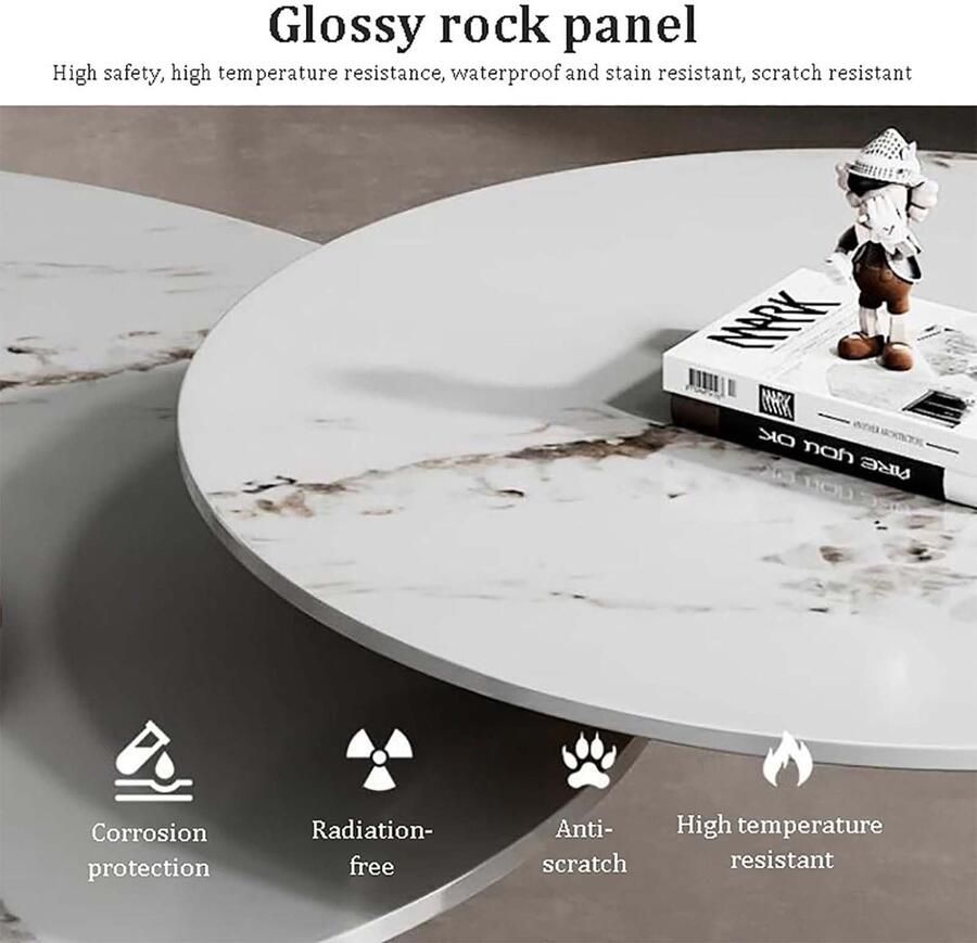 Senza Marchio Modern Round Nesting Coffee Table with Marble Top Mid-Century Marble Coffee Table Set of 2 Luxury Center Table End Table Side Table with Gold Metal Base zwart 90+50cm