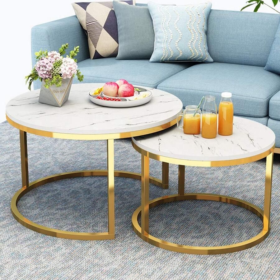 Senza Marchio Moderne Gouden Basis Ronde Bijzettafel Set Nordic Style 2 Stuk Nesting Tables
