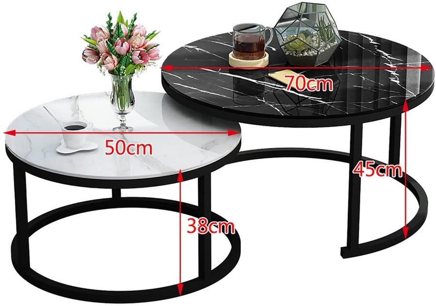 Senza Marchio Marmeren Effect Glas Top Nesting Tables Stijlvolle Ronde Metalen Frame Salontafel voor Thuiskantoor en Woonkamer Decor