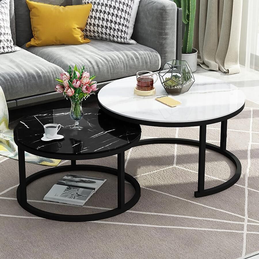 Senza Marchio Moderne Marmeren Stijl Glas Top Nesting Tables Slank Metalen Frame Stapelen Salontafel Voor Thuiskantoor of Woonkamer Decor