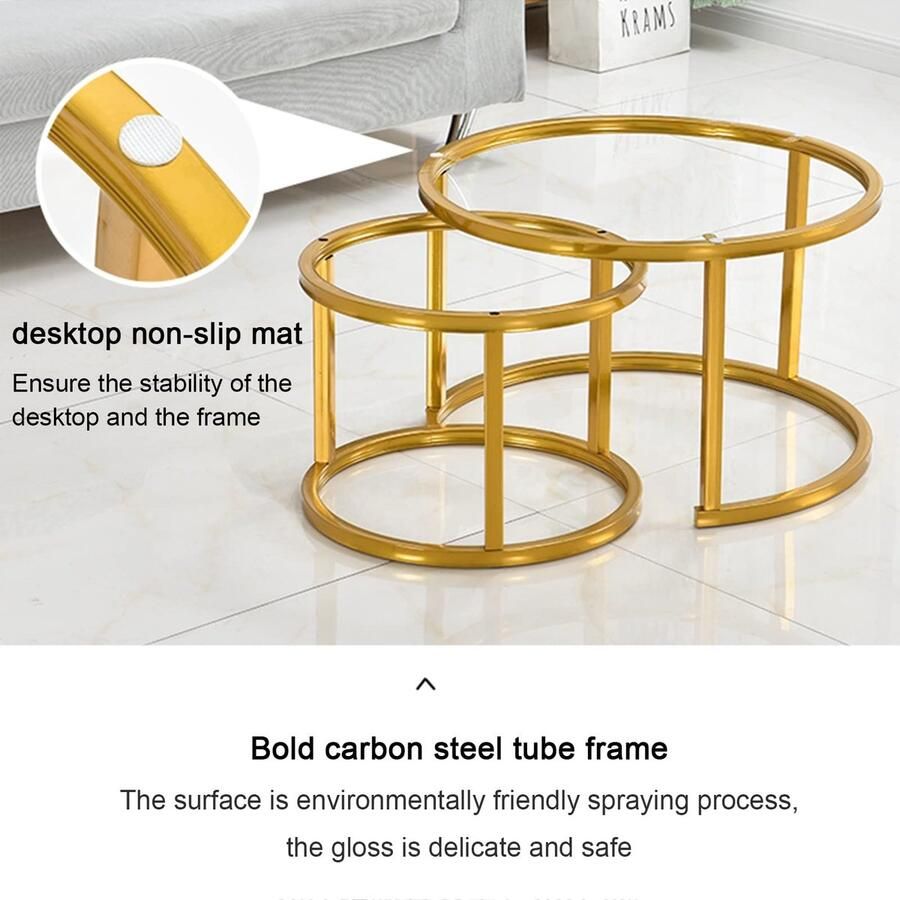 Senza Marchio Moderne Nesting Coffee Table Round gehard glas Nesting Table Set van 2 Side End Sofa Table metalen frame eenvoudige montage voor woonkamer kantoor balkon (Color : Textured-Gold Frame)