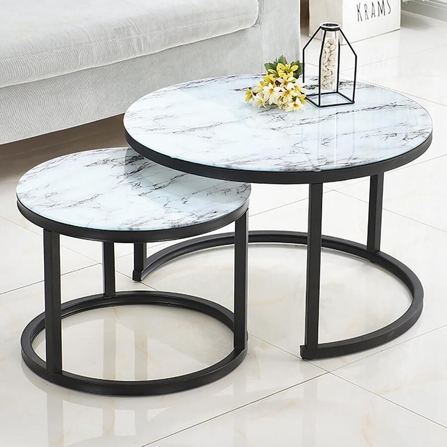 Senza Marchio Moderne Nesting Salontafel Rond Gehard Glas Nesting Table Set van 2 Side End Sofa Table Metalen Frame Eenvoudige Montage voor Woonkamer Kantoor Balkon (Color : Textured-Black Frame)