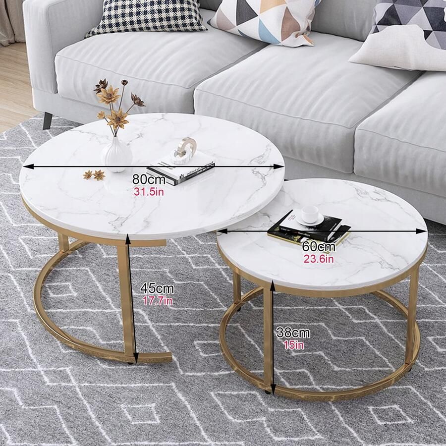 Senza Marchio Moderne Nesting Salontafel Set Van 2 Houten Bijzettafel Minimalistische Ronde Nesting Table Robuust Stalen Frame Voor Kleine Ruimtes Woonkamer Kantoor Balkon (Kleur: Zwart+Wit)