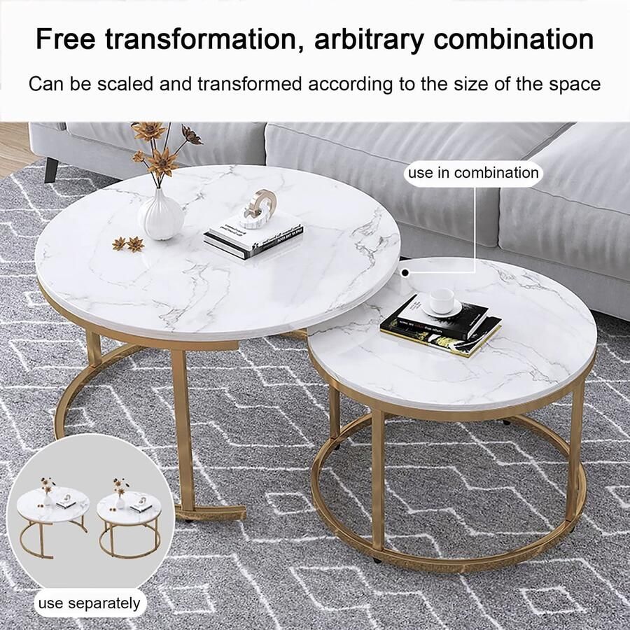Senza Marchio Moderne Nesting Salontafel Set Van 2 Houten Bijzettafel Minimalistische Ronde Nesting Table Robuust Stalen Frame voor Kleine Ruimtes Woonkamer Kantoor Balkon (Kleur: Wit+Zwart)