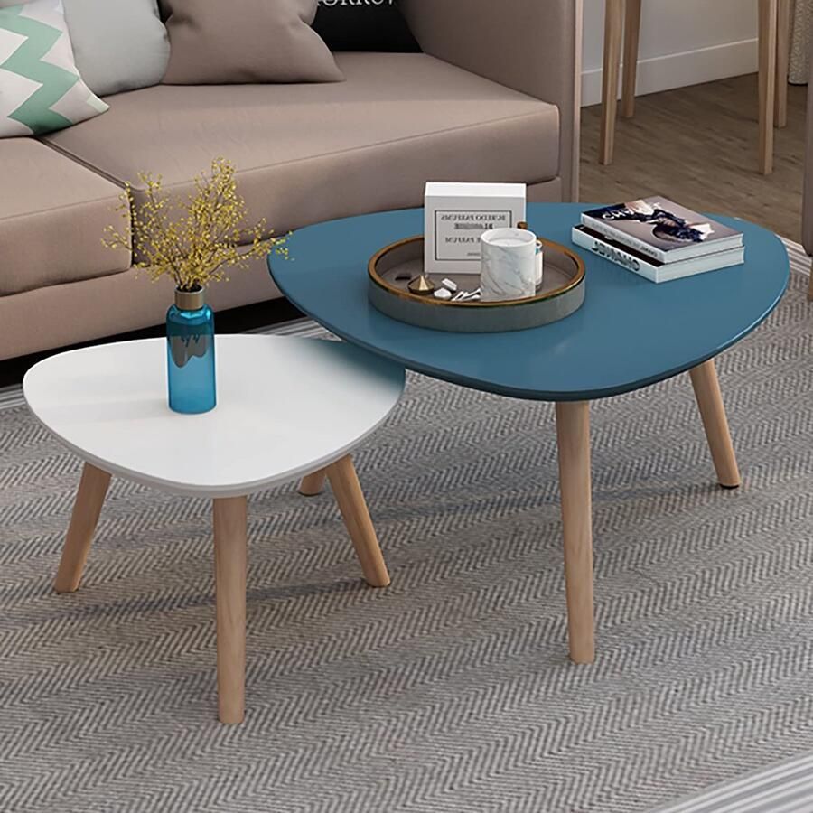 Senza Marchio Moderne Nesting Table Set van 2 Triangle Wood Nesting Salontafel Minimalistische Sofa Side End Tables Eenvoudige montage voor kleine ruimtes Woonkamer Slaapkamer Office (Color : Blue+Whi