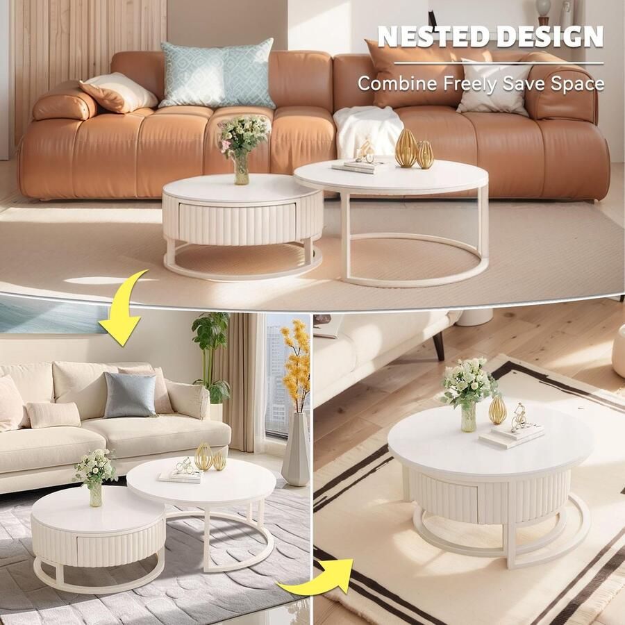 Senza Marchio Moderne Ronde Salontafel Met Opbergruimte Witte Nesting Salontafel Set Van 2 Houten Salontafel Voor De Woonkamer Boho Cirkel Salontafel Met Marmeren Desktop Voor Woonkamer Slaapkamer Kantoor