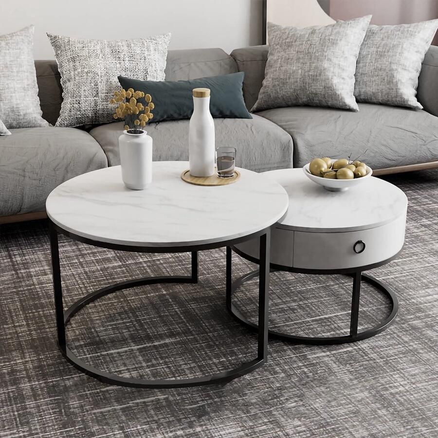 Senza Marchio Moderne salontafel in de woonkamer Moderne nesting leistenen salontafels voor de woonkamer Set van 2 24'' stapelbare bijzettafels met koffie-accent en opberglade Nesting Tables Ronde tafel