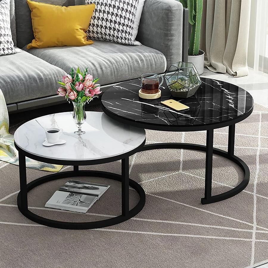 Senza Marchio Moderne Woonkamer Marmeren Effect Glas Salontafel Set Van 2 Ronde Metalen Frame Nesting Tables Witte Kleur