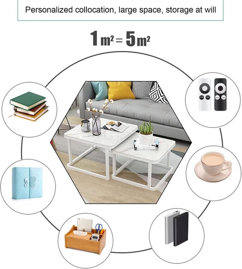 Senza Marchio Moderne woonkamer salontafel Nesting Coffee Table moderne Accent Nesting Table Set van 2 eenvoudige stijl bijzettafel gehard glas vierkant ontwerp robuust stalen frame voor woonkamer kantoor ba