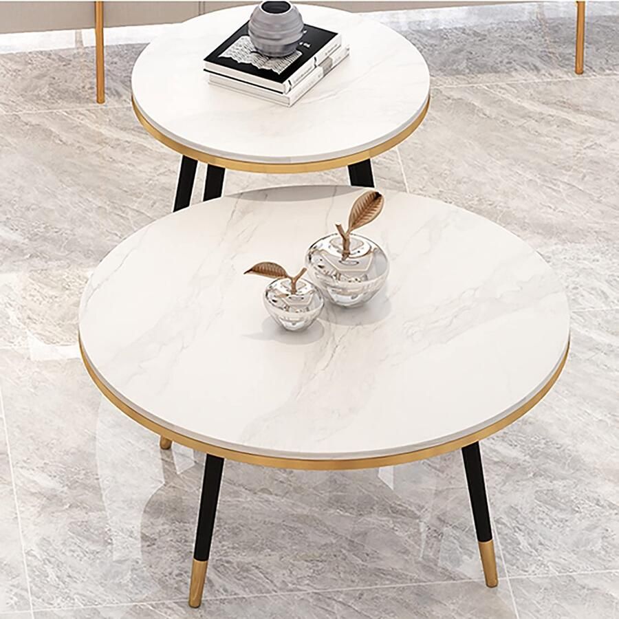 Senza Marchio Moderne woonkamer salontafel Nesting Coffee Table Ronde Nesting Table Modern Accent Kunstleistenen bank bijzettafels set van 2 Zwart metalen poten Eenvoudige montage voor kleine ruimtes - Foto 2