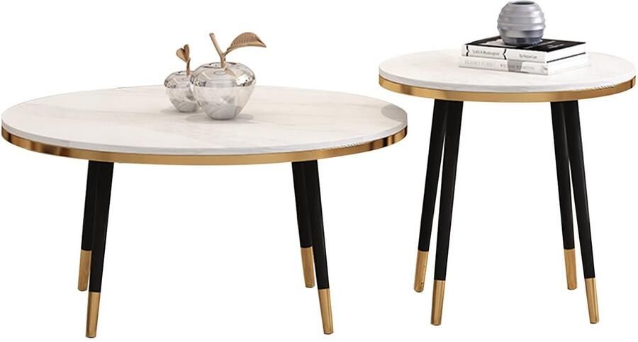 Senza Marchio Moderne woonkamer salontafel Nesting Coffee Table Ronde Nesting Table Modern Accent Kunstleistenen bank bijzettafels set van 2 Zwart metalen poten Eenvoudige montage voor kleine ruimte