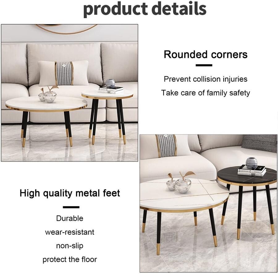 Senza Marchio Moderne woonkamer salontafel Nesting Coffee Table Ronde Nesting Table Modern Accent Kunstleistenen bank bijzettafels set van 2 Zwart metalen poten Eenvoudige montage voor kleine ruimtes
