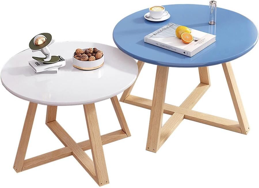 Senza Marchio Moderne woonkamer salontafel Nesting Coffee Table Set van 2 Minimalistische Ronde Nesting Table Modern Accent Houten bijzettafel voor kleine ruimtes Woonkamer Kantoor Balkon (Kleur: Blauw