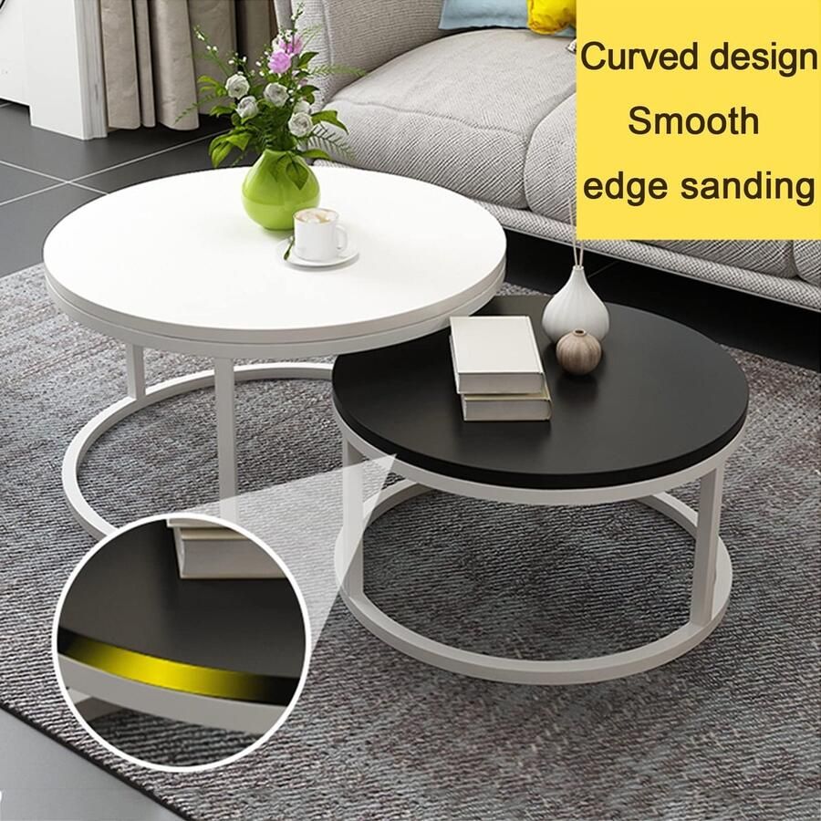 Senza Marchio Ronde Nesting Salontafel Houten Minimalistische Nesting Table Set van 2 Modern Accent Side End Table voor kleine ruimtes Metalen frame Eenvoudige montage voor Woonkamer Balkon Kantoor