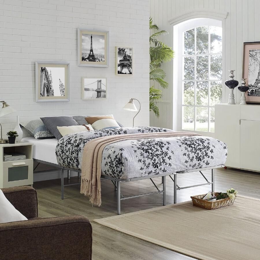 Senza Marchio Modway Horizon Bedplatform roestvrij staal inklapbaar draagbaar frame voor matrassen vervangt boxspring verkrijgbaar in verschillende kleuren. Maten: Twin Full of Queen modern Queen zilver