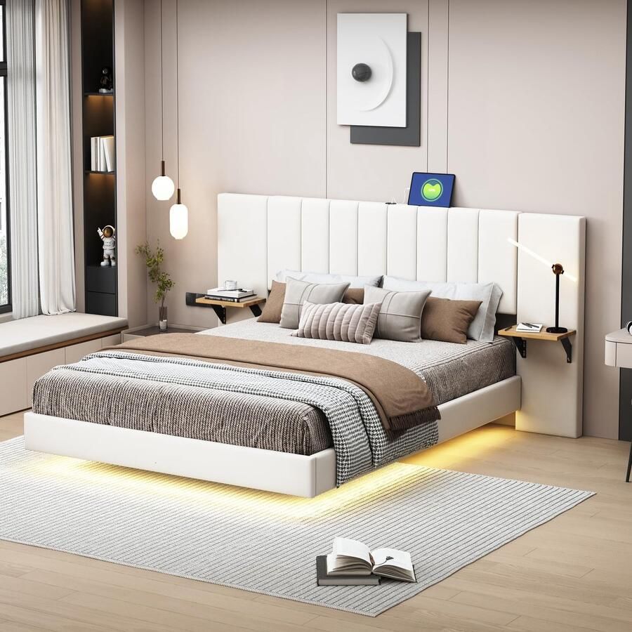 Senza Marchio Moimhear Gestoffeerd bed verborgen voeteneinde tweepersoonsbed extra lang hoofdeinde met zijplateaus met USB-oplaadpoort sfeerlichtlijst linnen stof (beige 140 x 200 cm)