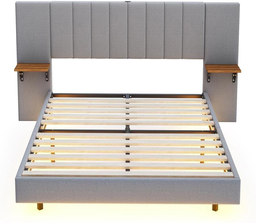Senza Marchio Moimhear Gewatteerd bed 140 x 200 cm verborgen voeteneinde tweepersoonsbed verlengd en vergroot hoofdeinde met USB-oplaadpoort met ledstrip linnen stof (grijs)
