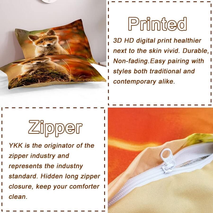 Senza Marchio Morbuy 3D-vos bedrukt dekbedovertrek beddengoed voor tweepersoonsbed microvezel beddengoedset met dekbedovertrek en kussenslopen (140 x 200 cm herfstvos)