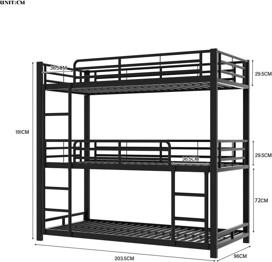 Senza Marchio MSMOK Bedframe metalen bedframe 90 x 200 cm ijzeren bed drievoudig stapelbed voor kinderen volwassenen en jongeren (zwart)