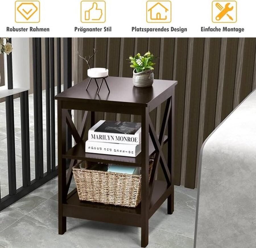 Senza Marchio Nachtkastje met 3 niveaus set van 2 bijzettafel nachtkastje salontafel voor slaapkamer woonkamer 40 x 40 x 61 cm (X-vormig bruin)