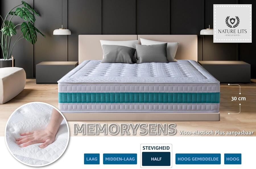 Senza Marchio NATURELITS matrassen 180 x 200 cm gemiddelde sterkte hoog comfort dubbele winter zomer pocketvering visco-elastische veren grijs Serene Hybride hoogte 30 cm